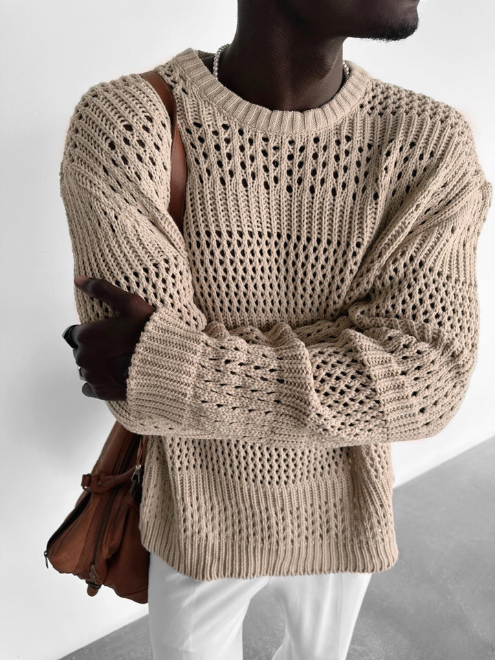 Oversize Holey Knit Sweater - Beige