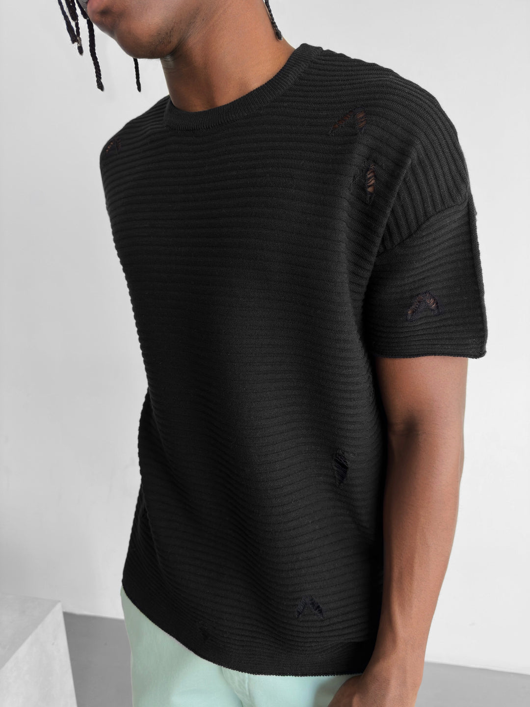 Loose Fit Torn Ribbed Knit T-Shirt - Black