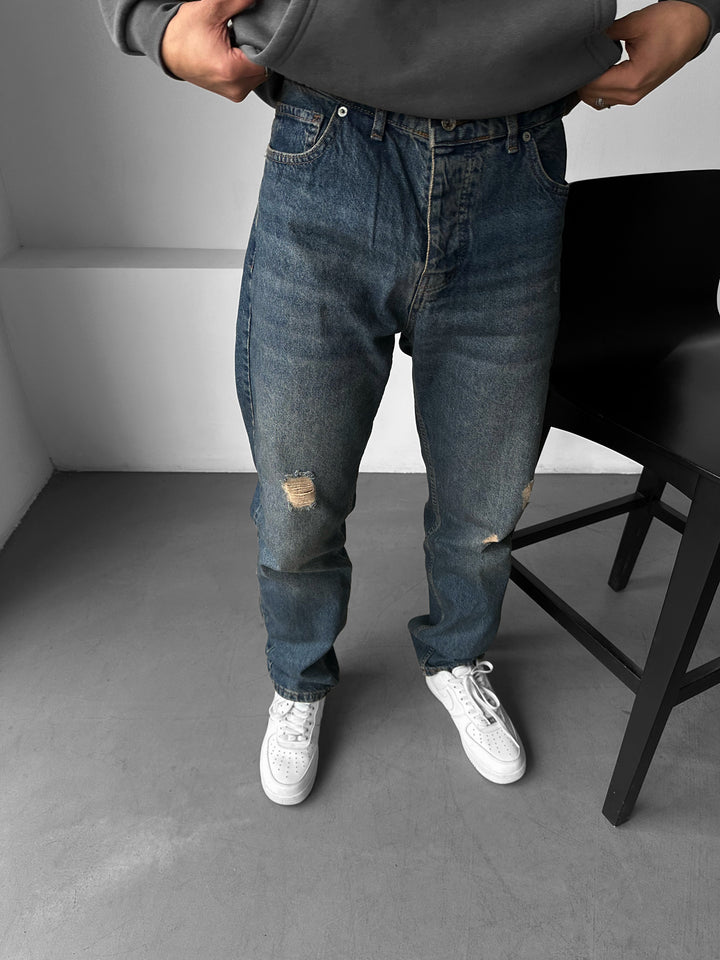 Baggy Torn Washed Jeans - Dark Blue