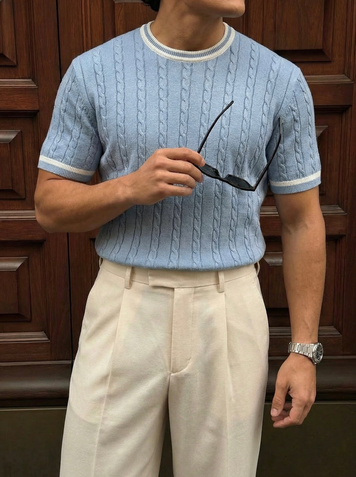 Regular Fit Braid Knit T-shirt - Babyblue