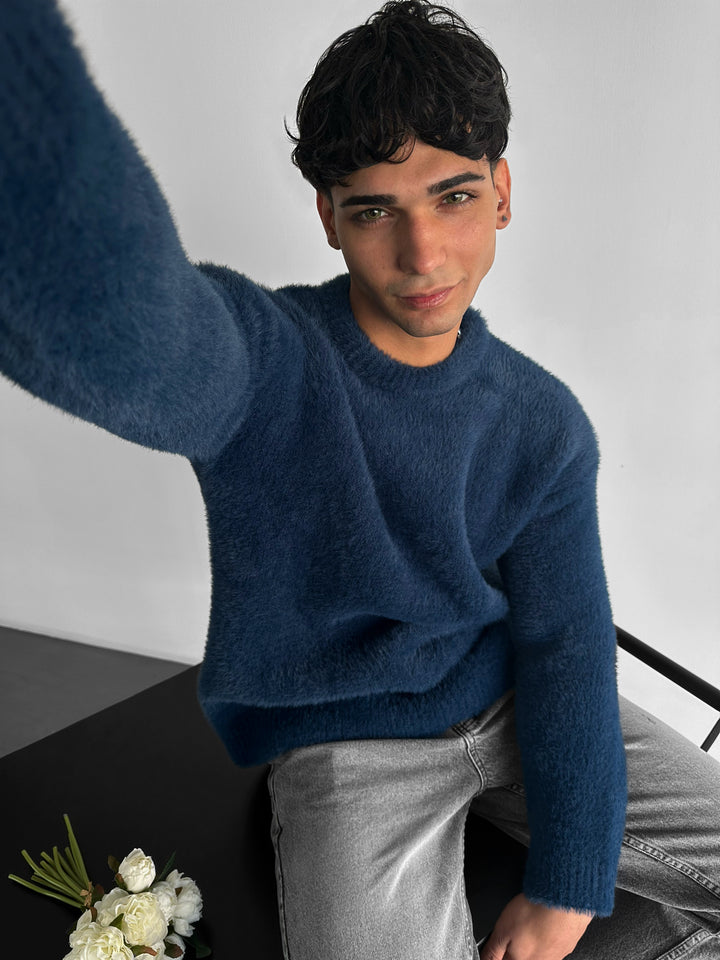 Oversize Hairy Rope Sweater - Night Blue