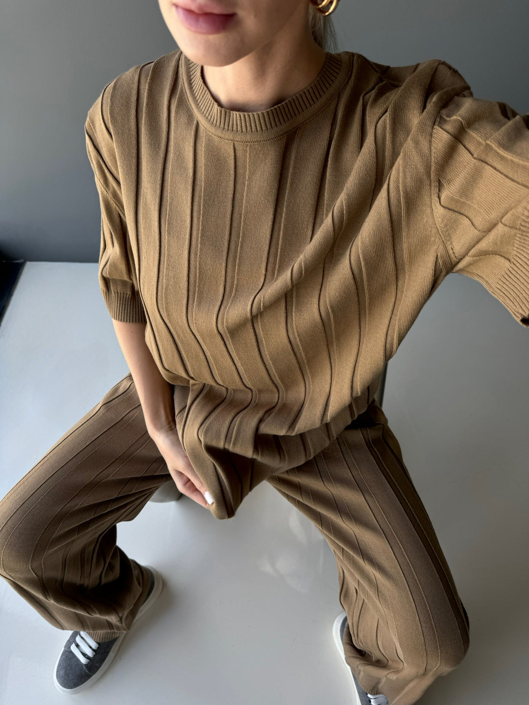 Oversize Wide Ribbed T-Shirt - Light Brown