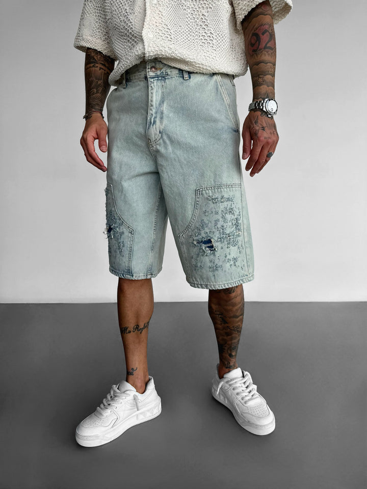 Loose Fit Detail Torn Jeans Shorts - Blue