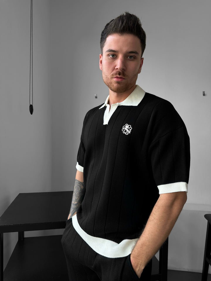 Loose Fit Embroidered Polo T-shirt - Black