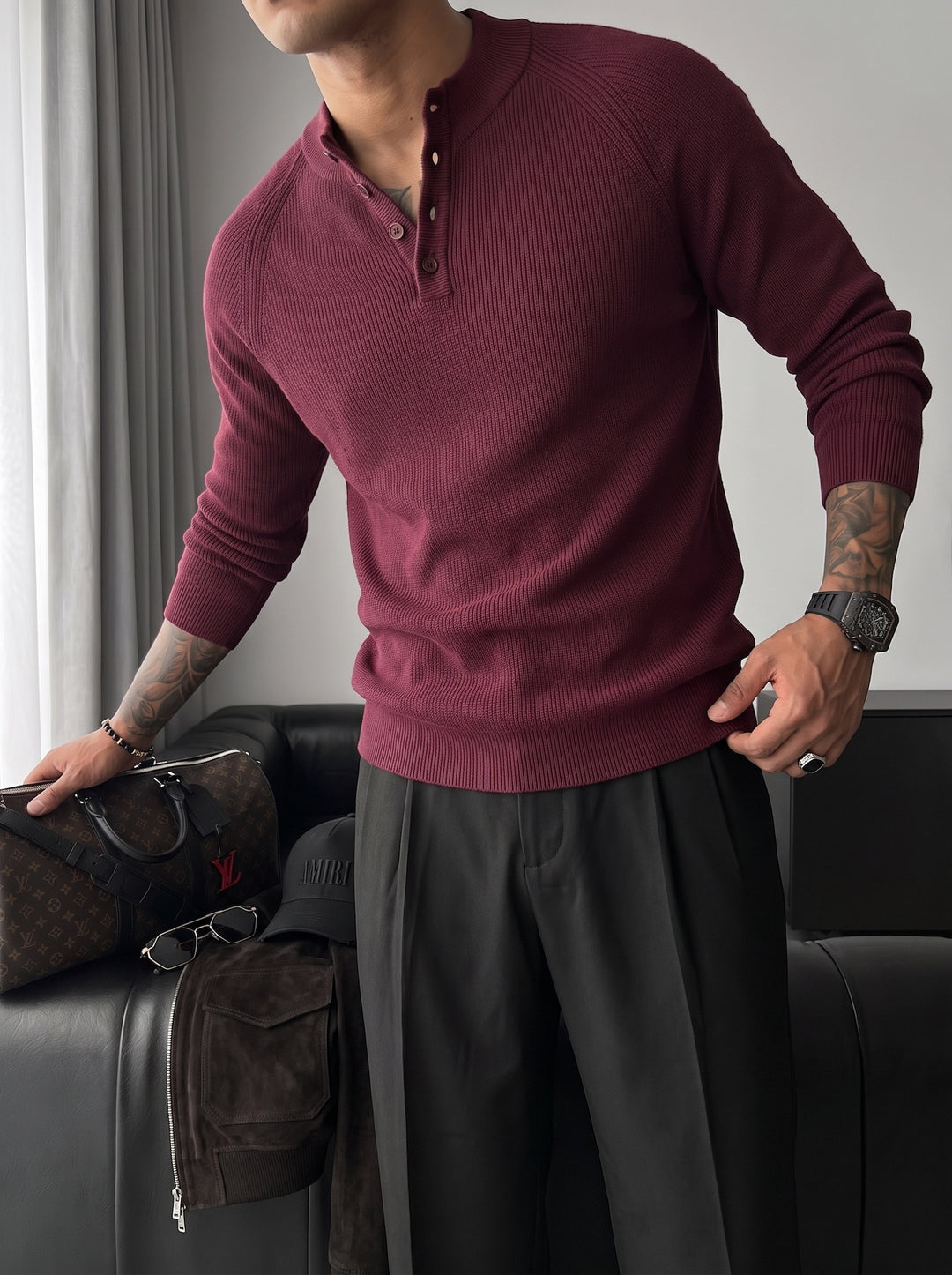 Slim Fit Knit Sweater - Bordeaux