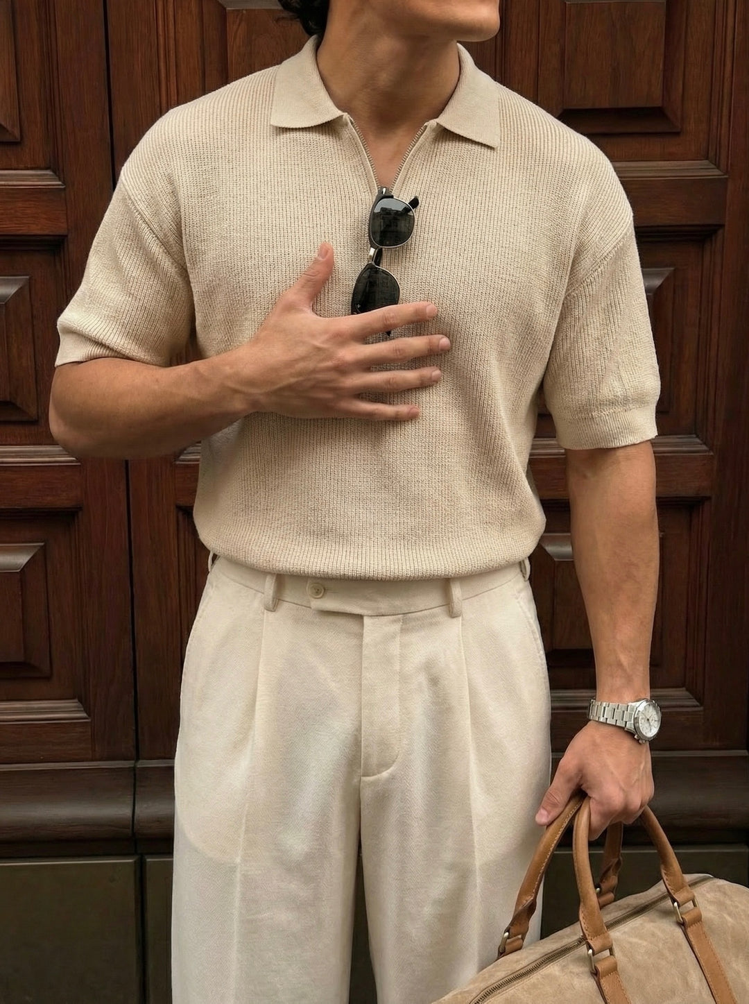 Oversize Zipper Knit Polo T-shirt - Beige
