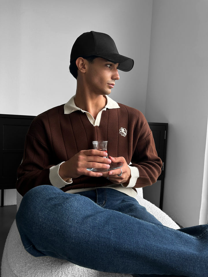 Oversized Embroidered Polo Sweater - Brown