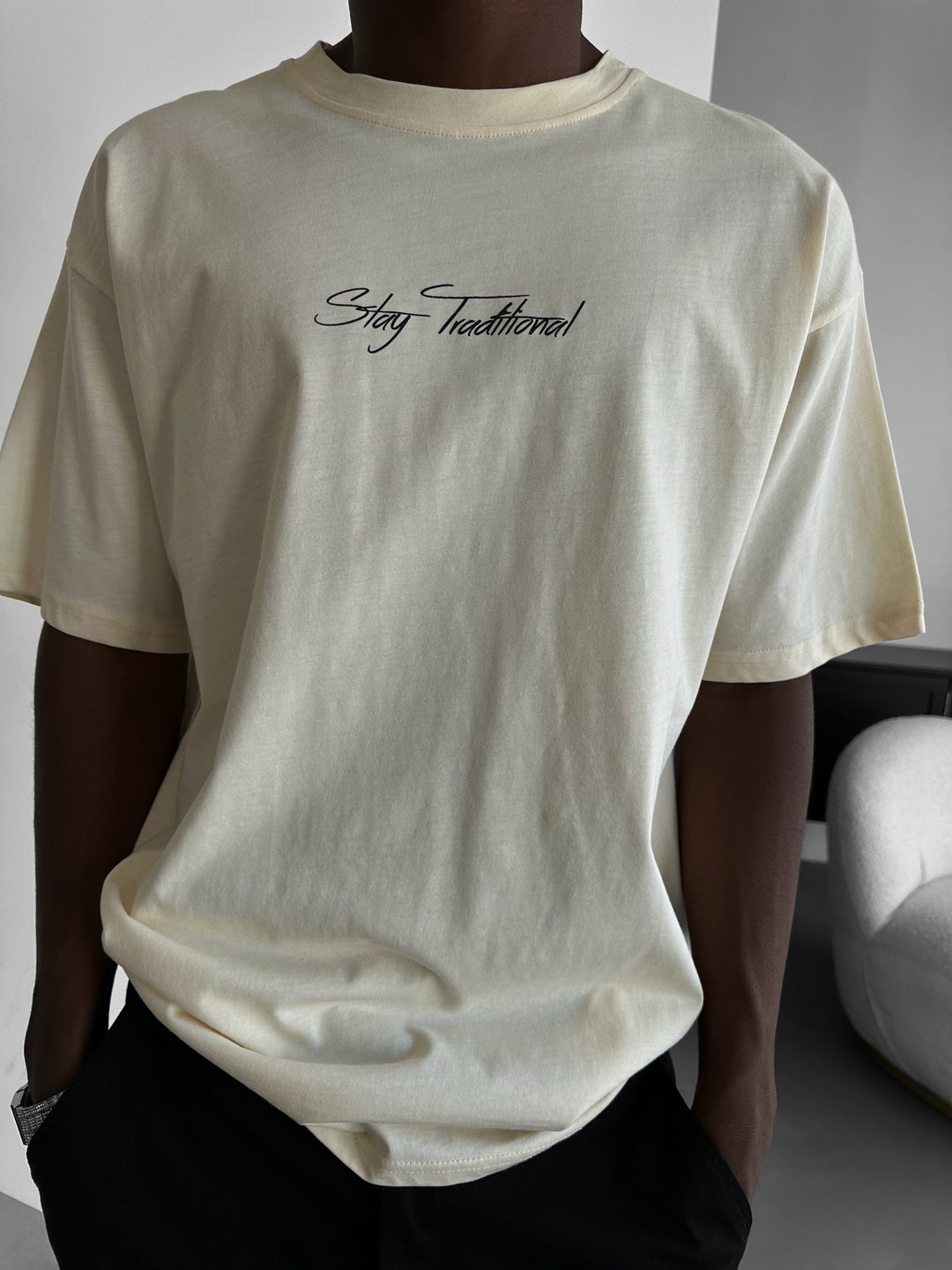 Oversize 'Stay Traditional' T-Shirt - Antique White