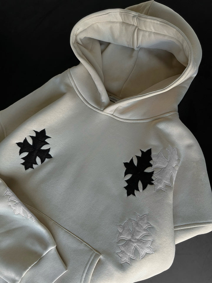 Oversize Gothic Cross Hoodie - Beige