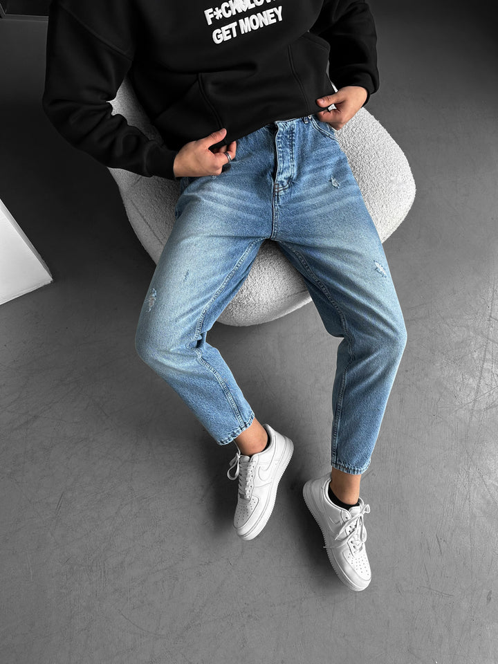 Boyfriend Washed Torn Jeans - Light Blue
