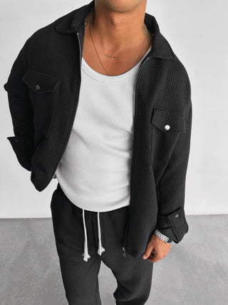 Oversize Waffle Zipper Shirt - Black