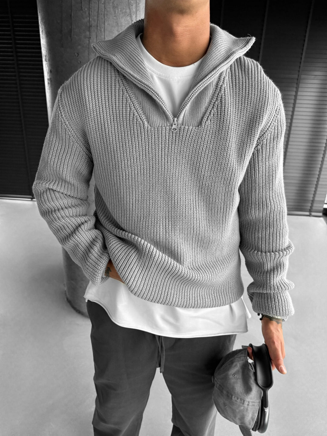 Oversize Collar Zipper Knit Sweater - Grey