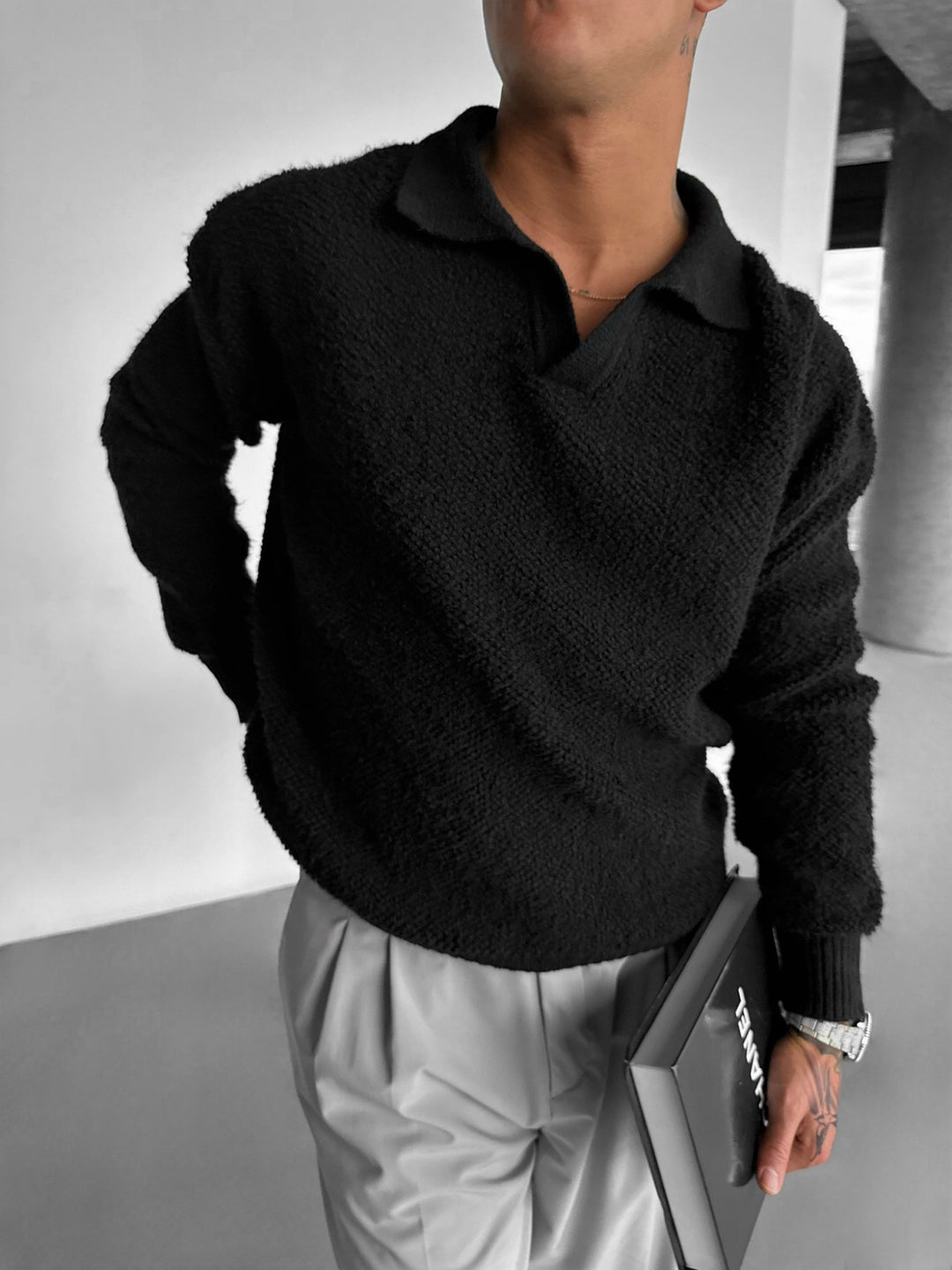 Knit Collar Brushed Pullover - Black