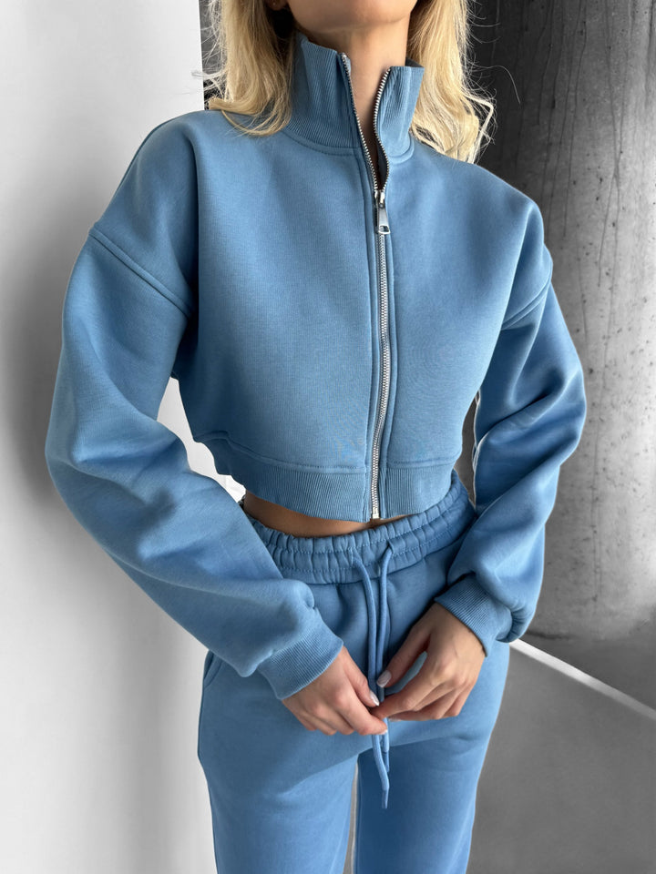 Short Women Zipper Pullover - Blue