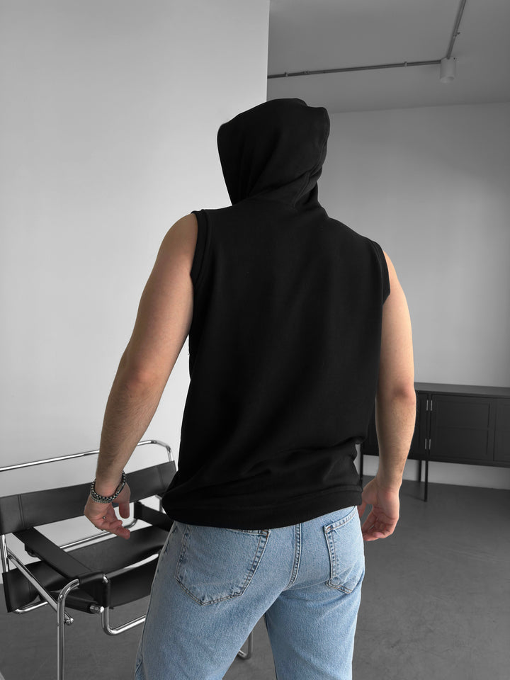 Loose Fit Sleeveless Hoodie - Black