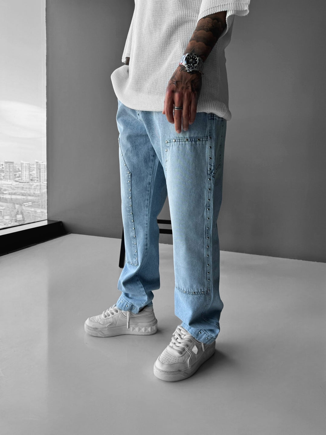 Baggy Patches Rivets Jeans - Light Blue