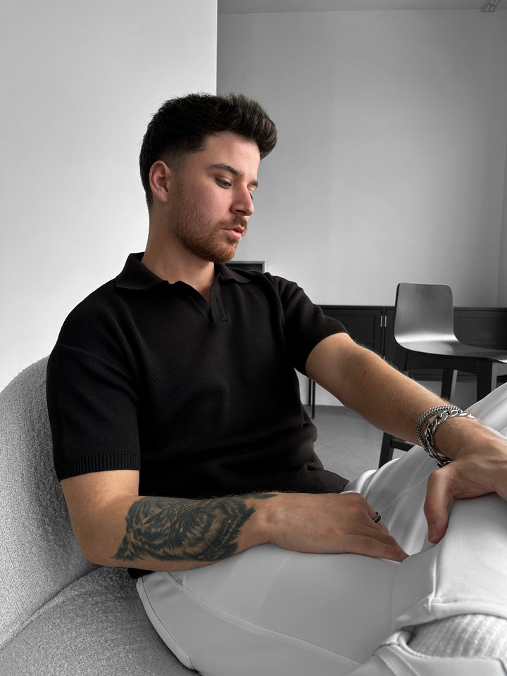 Oversize Collar Knit T-shirt - Black