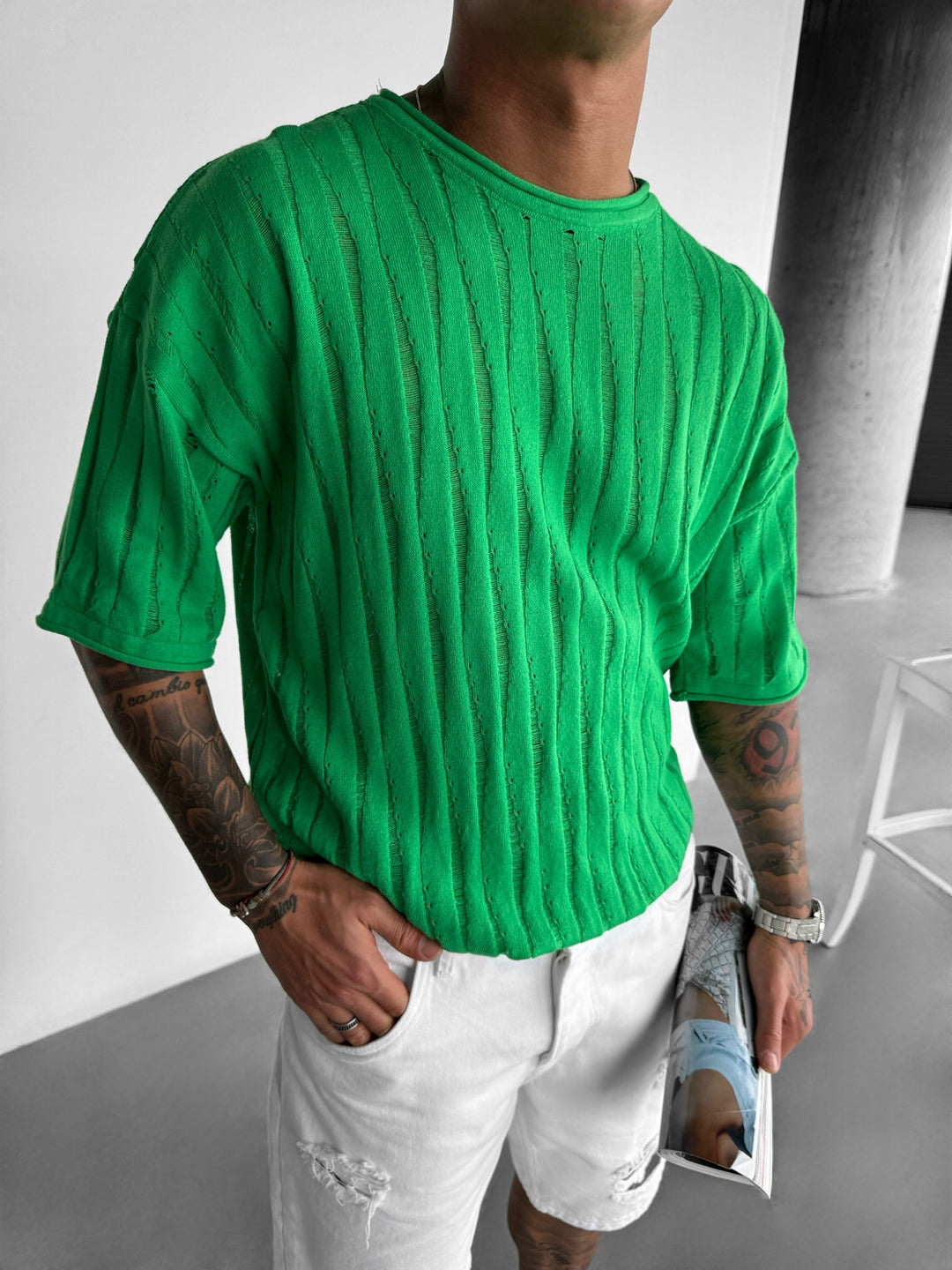 Oversize Knit Detail Tee - Green
