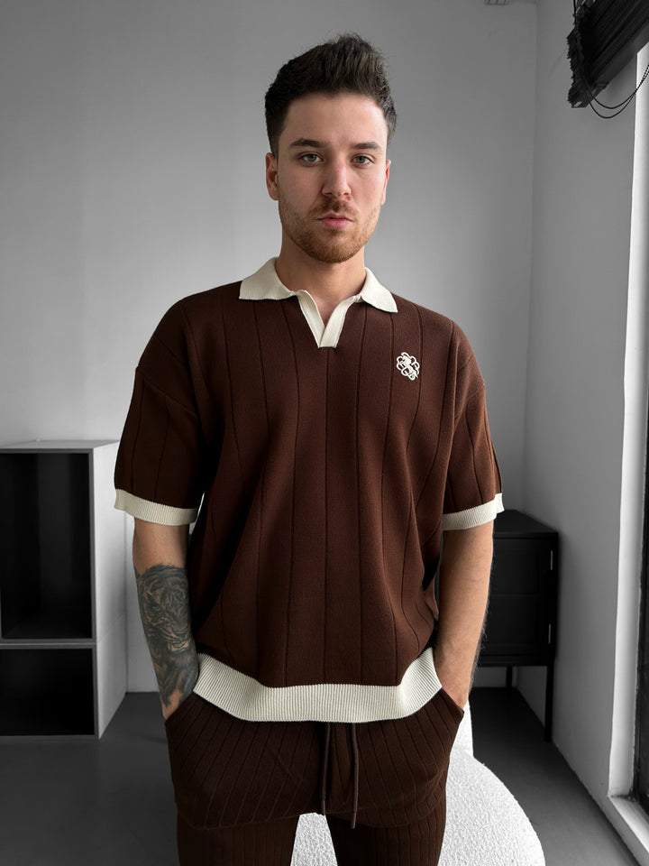 Loose Fit Embroidered Polo T-shirt - Brown