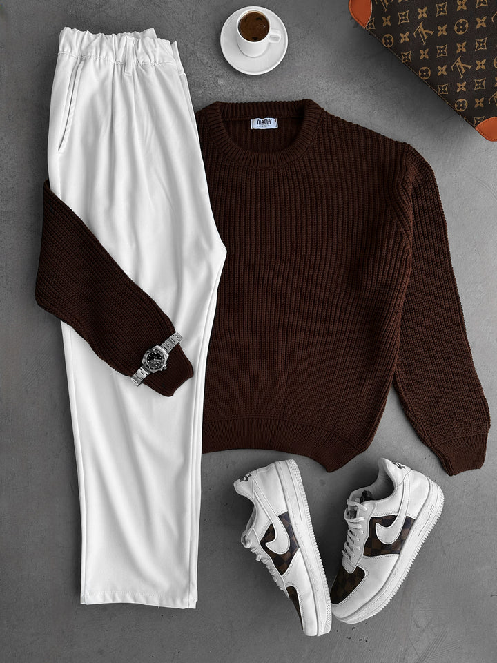 Oversize Structured Knit Sweater - Dark Brown