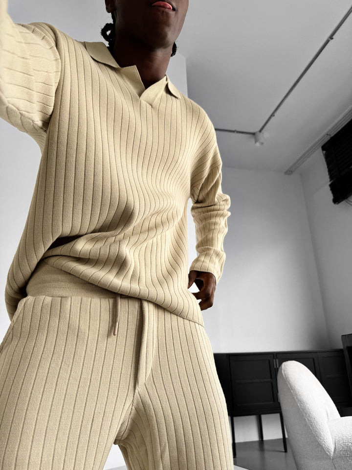 Oversize Wide Ribbed Long Arm Knit Polo Sweatshirt - Stone