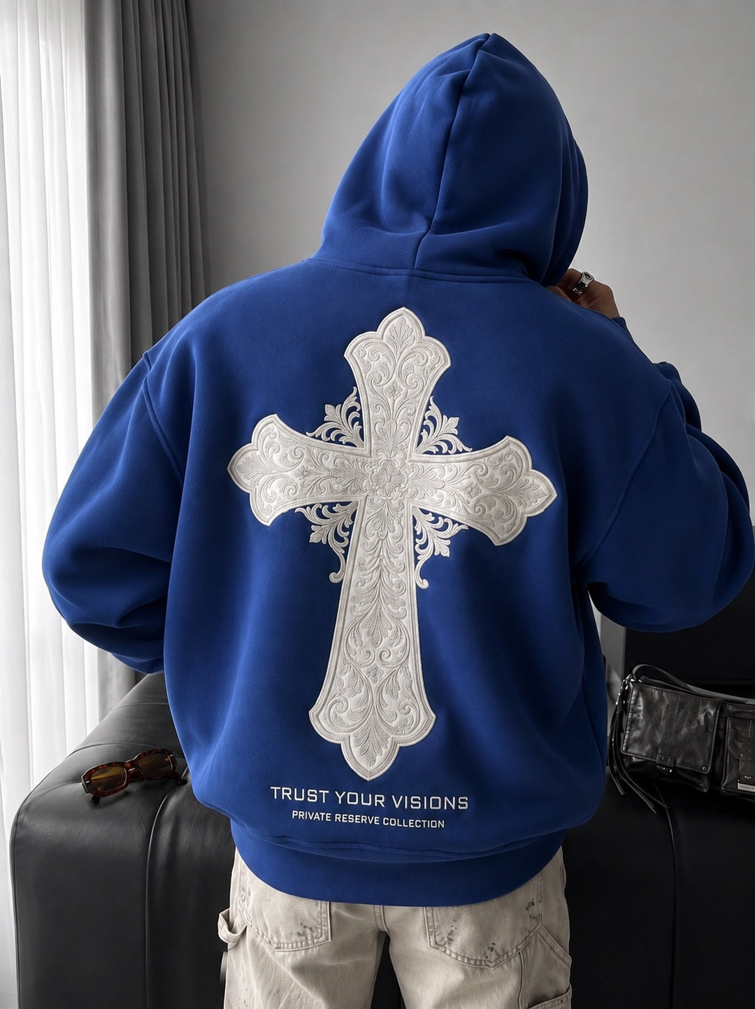 Oversize Cross Hoodie - Navy Peony