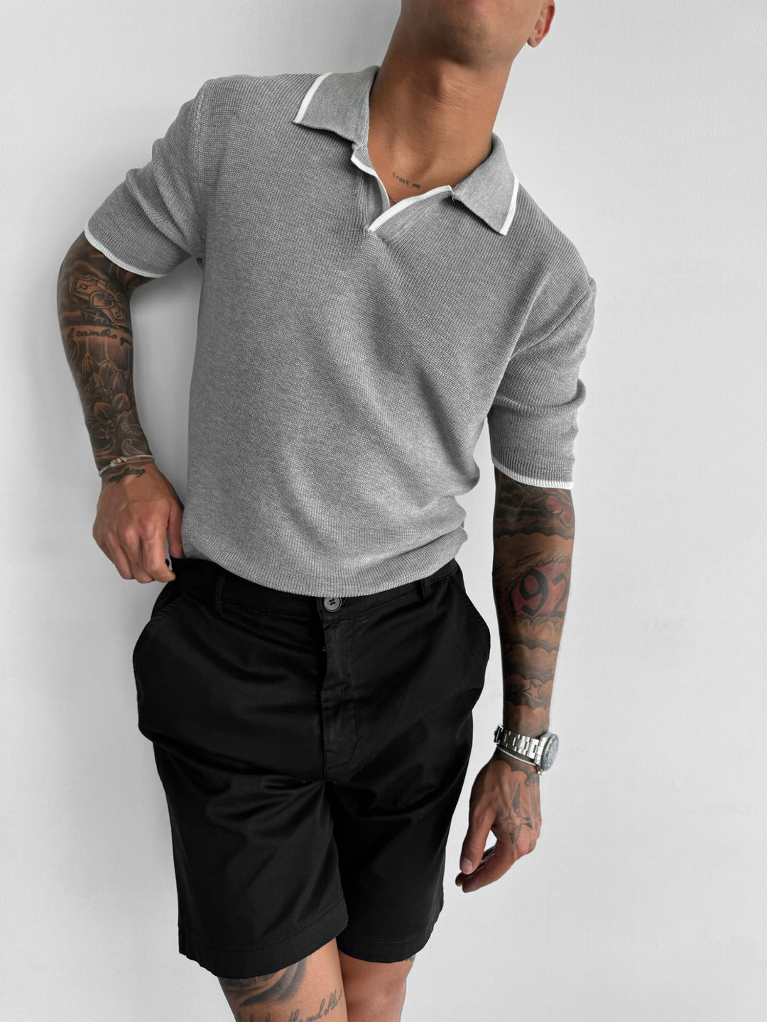 Regular Fit Knit Line Polo T-Shirt - Grey