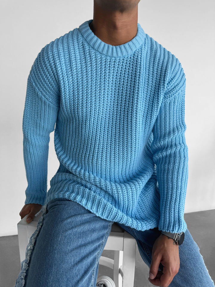 Oversize Round Neck Knit Sweater - Baby blue