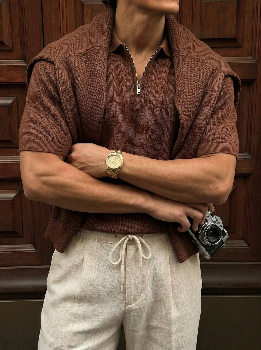 Oversize Zipper Knit Polo T-shirt - Dark Brown