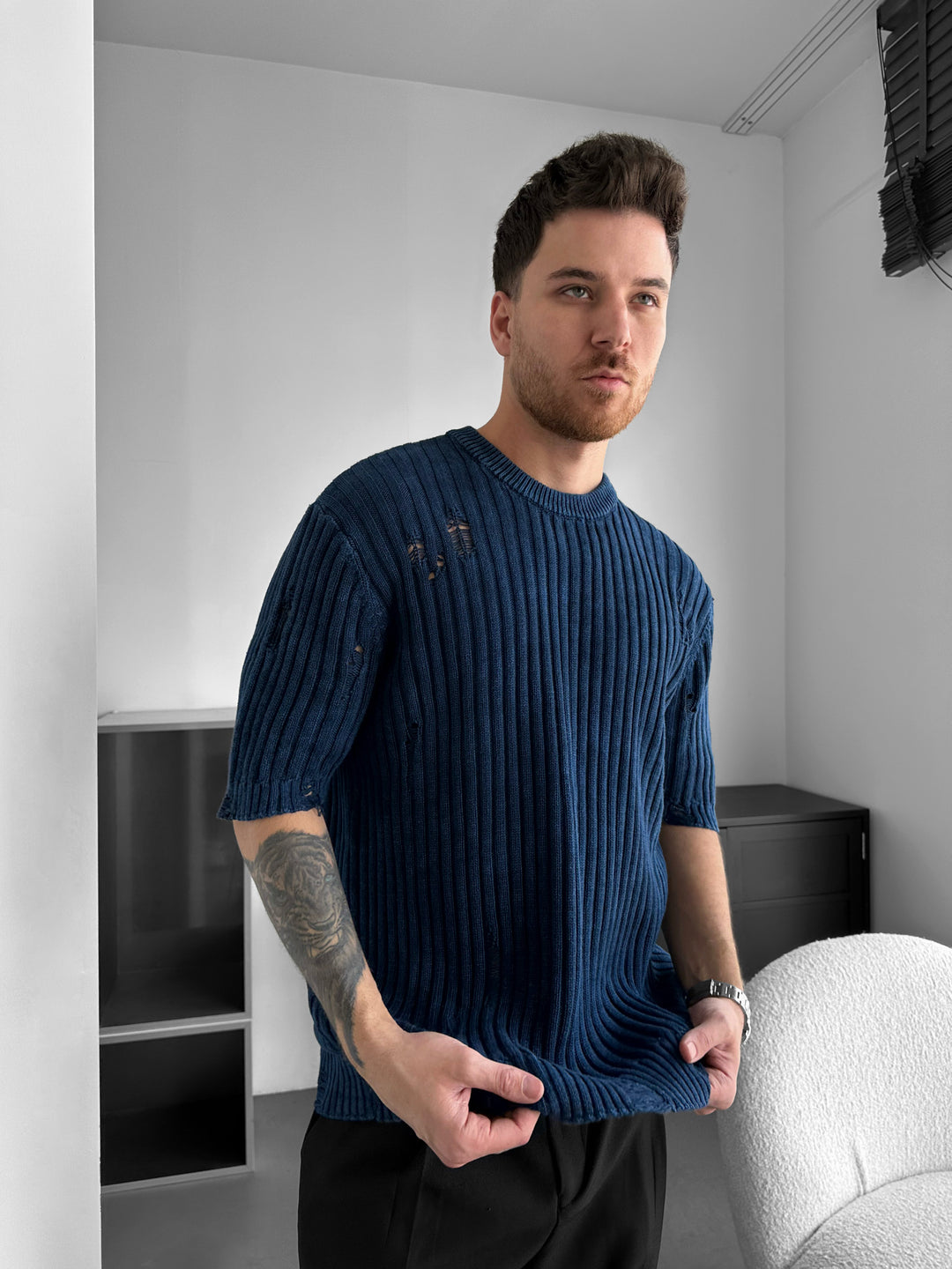Oversize Torn Washed Knit T-shirt - Blue