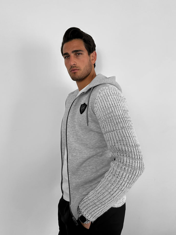 Regular Fit Knit Detail Zip Hoodie - Grey