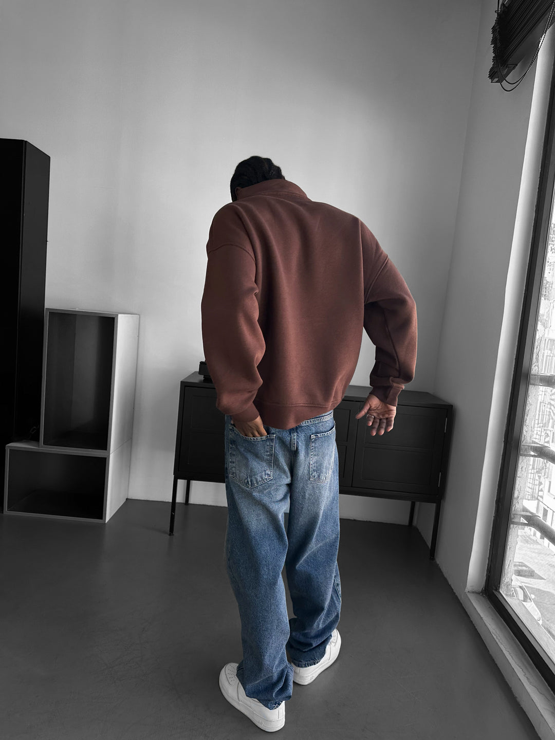 Oversize Half-Zip Polo Sweatshirt - Chocolate Brown