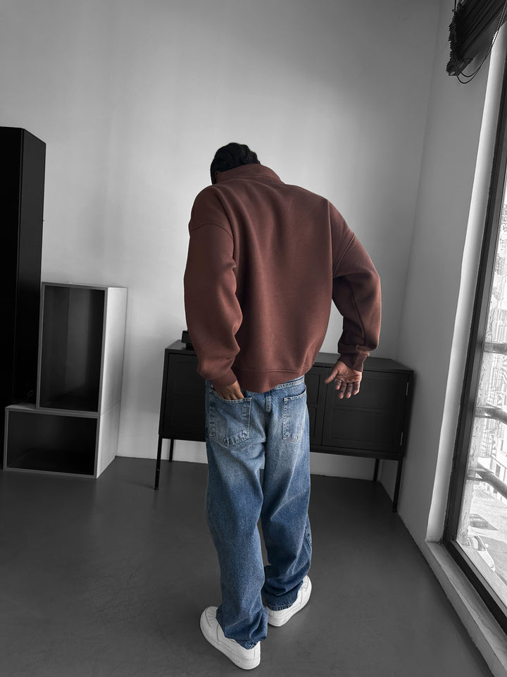Oversize Half-Zip Polo Sweatshirt - Chocolate Brown