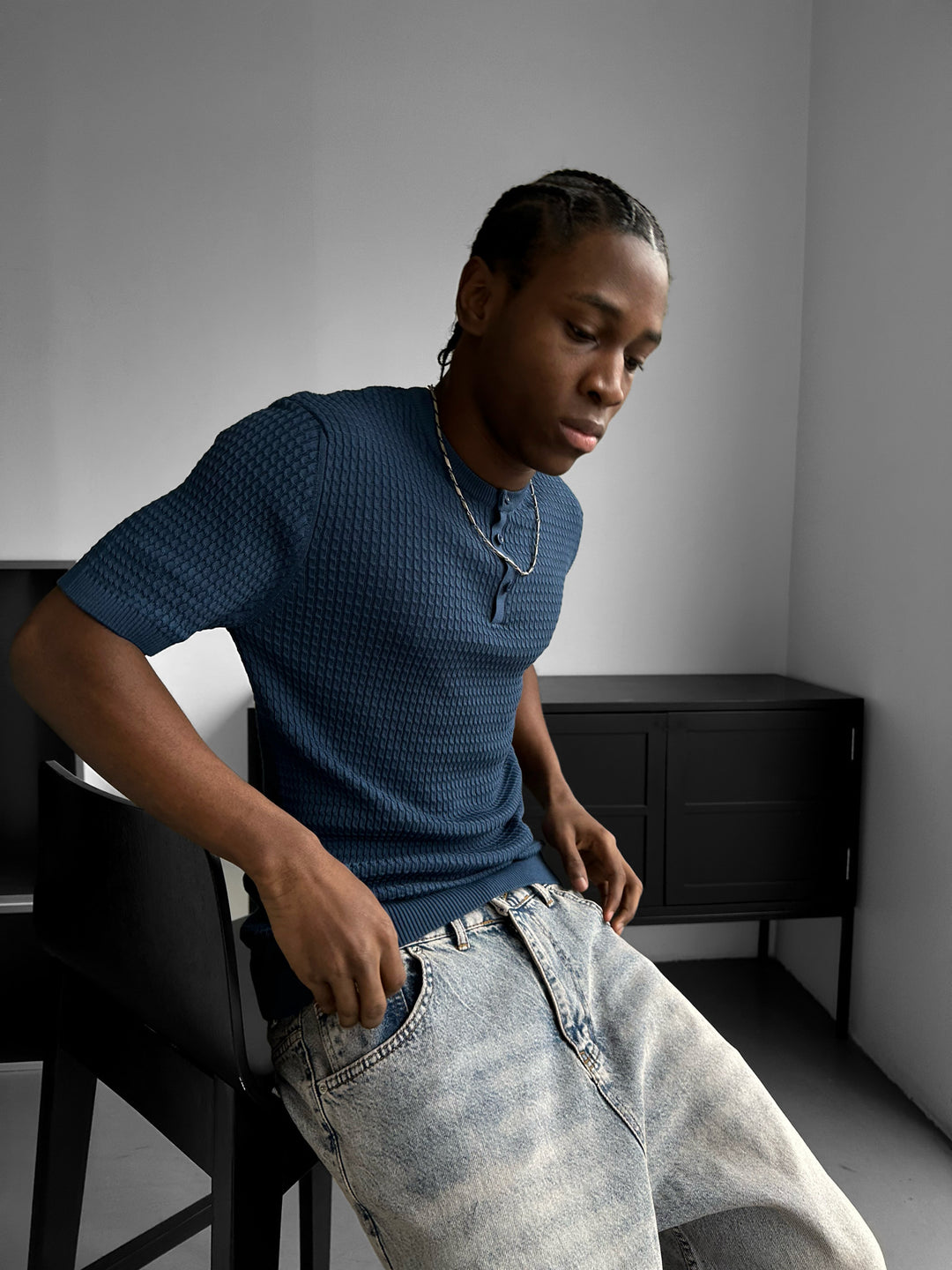 Regular Fit Waffle Button T-shirt - Indigo