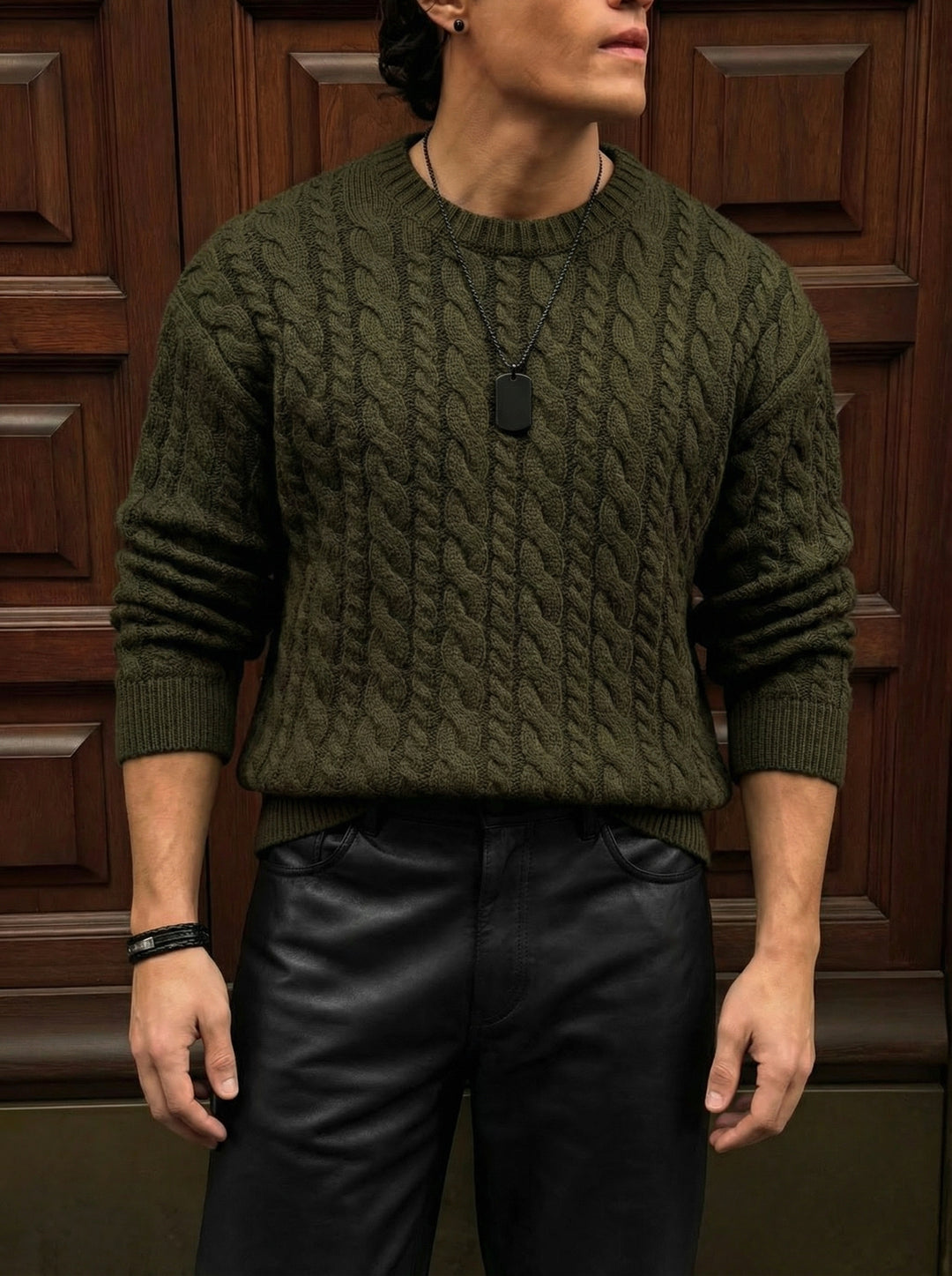Oversize Knit Braid Sweater - Khaki