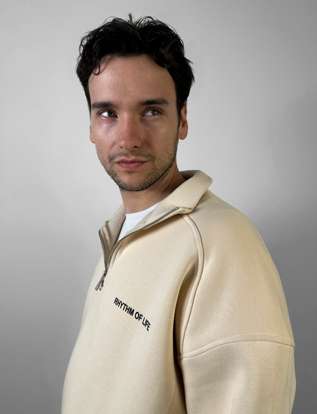 Oversize Half-Zip Motto Sweatshirt - Beige