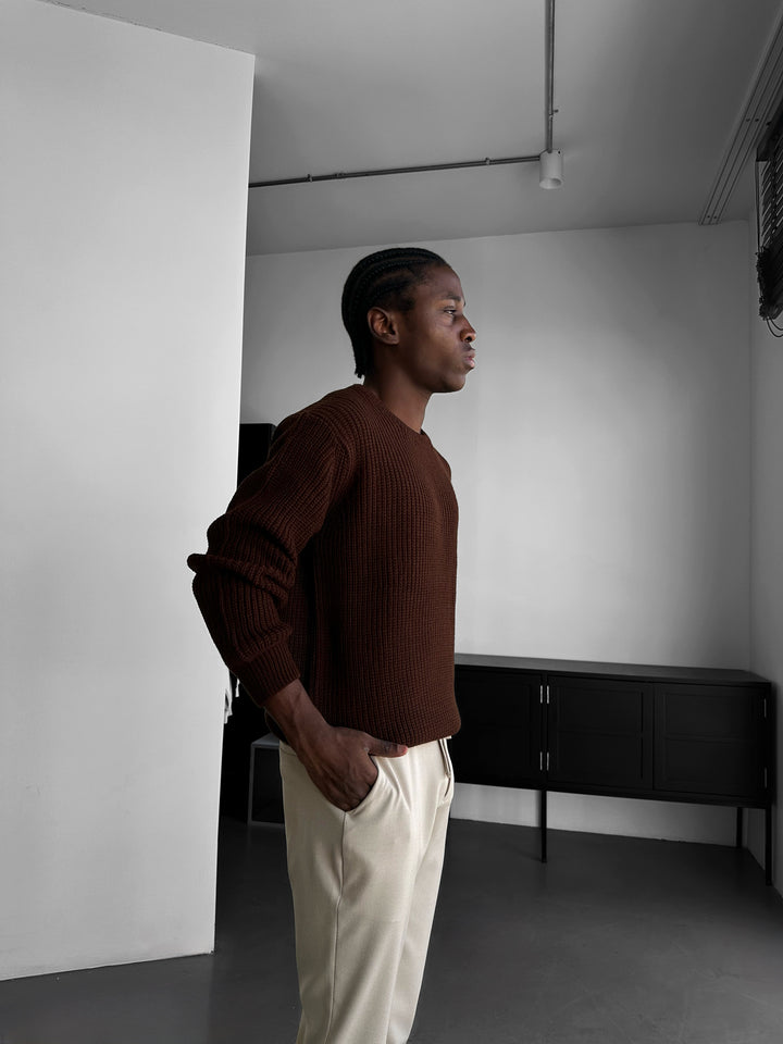 Oversize Structured Knit Sweater - Dark Brown