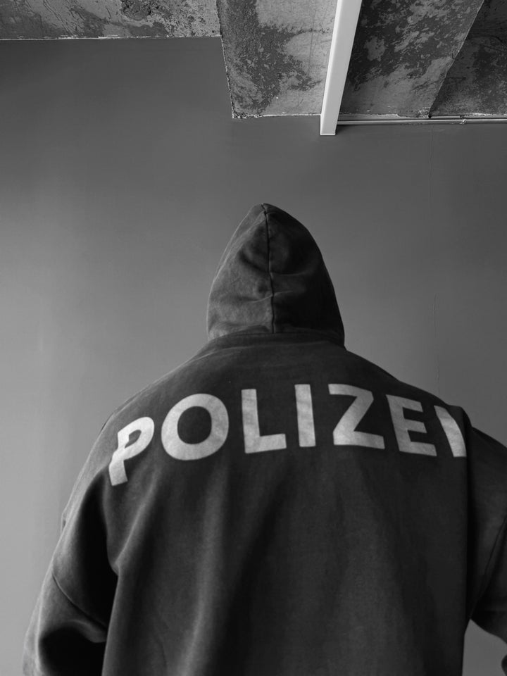 Oversize Washed Polizei Hoodie - Black