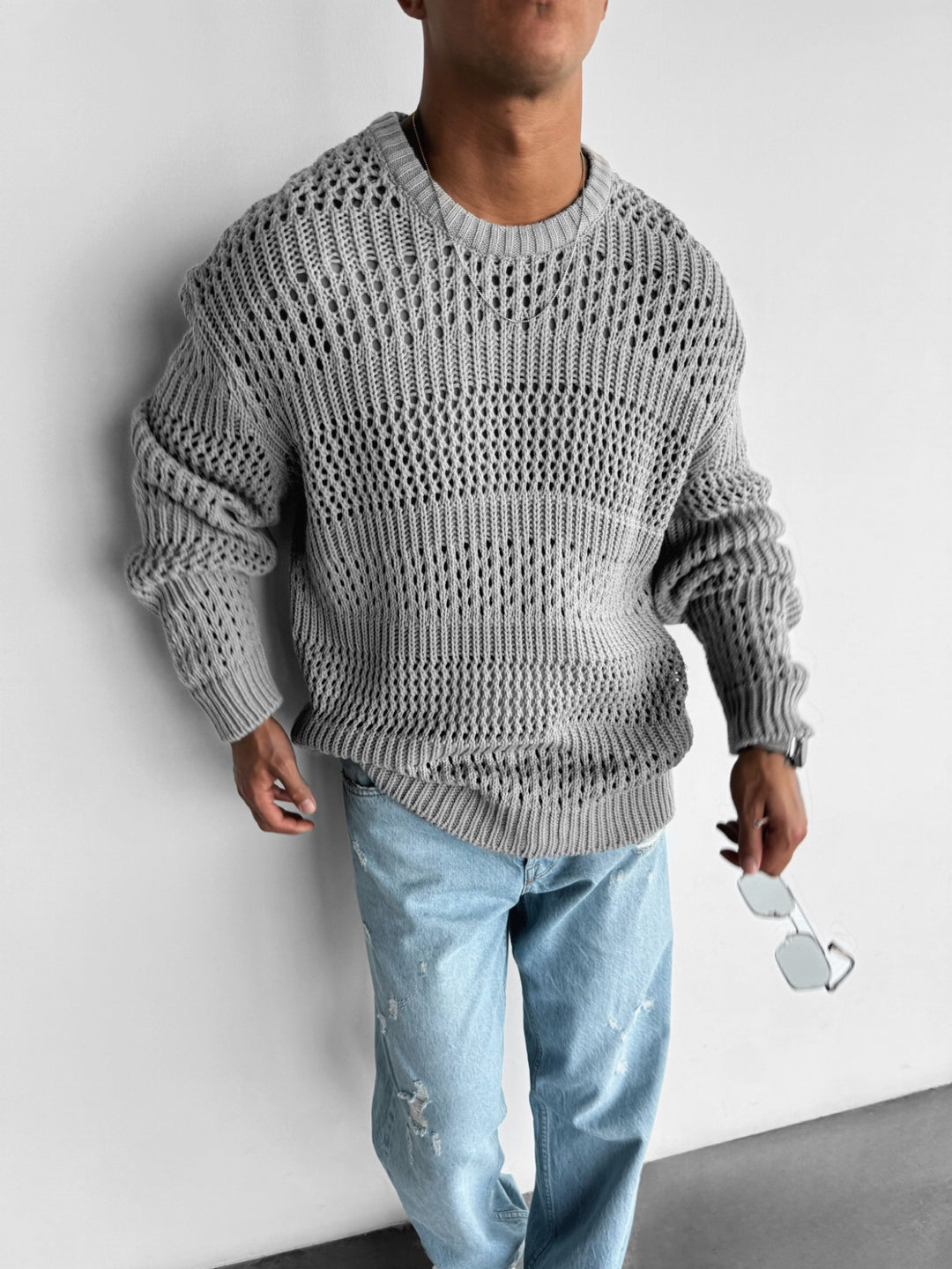 Oversize Holey Knit Sweater - Grey