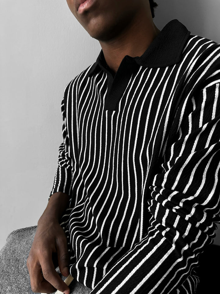 Striped Polo Sweatshirt - Black