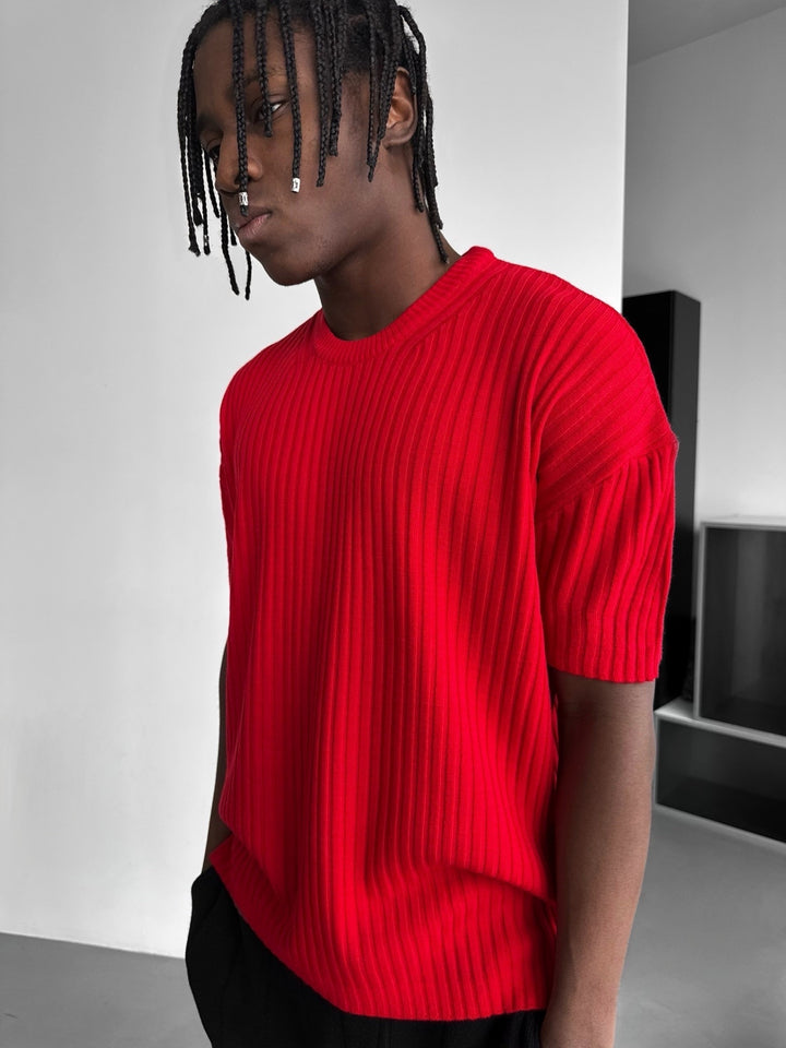Loose Fit Ribbed Knit T-Shirt - Red