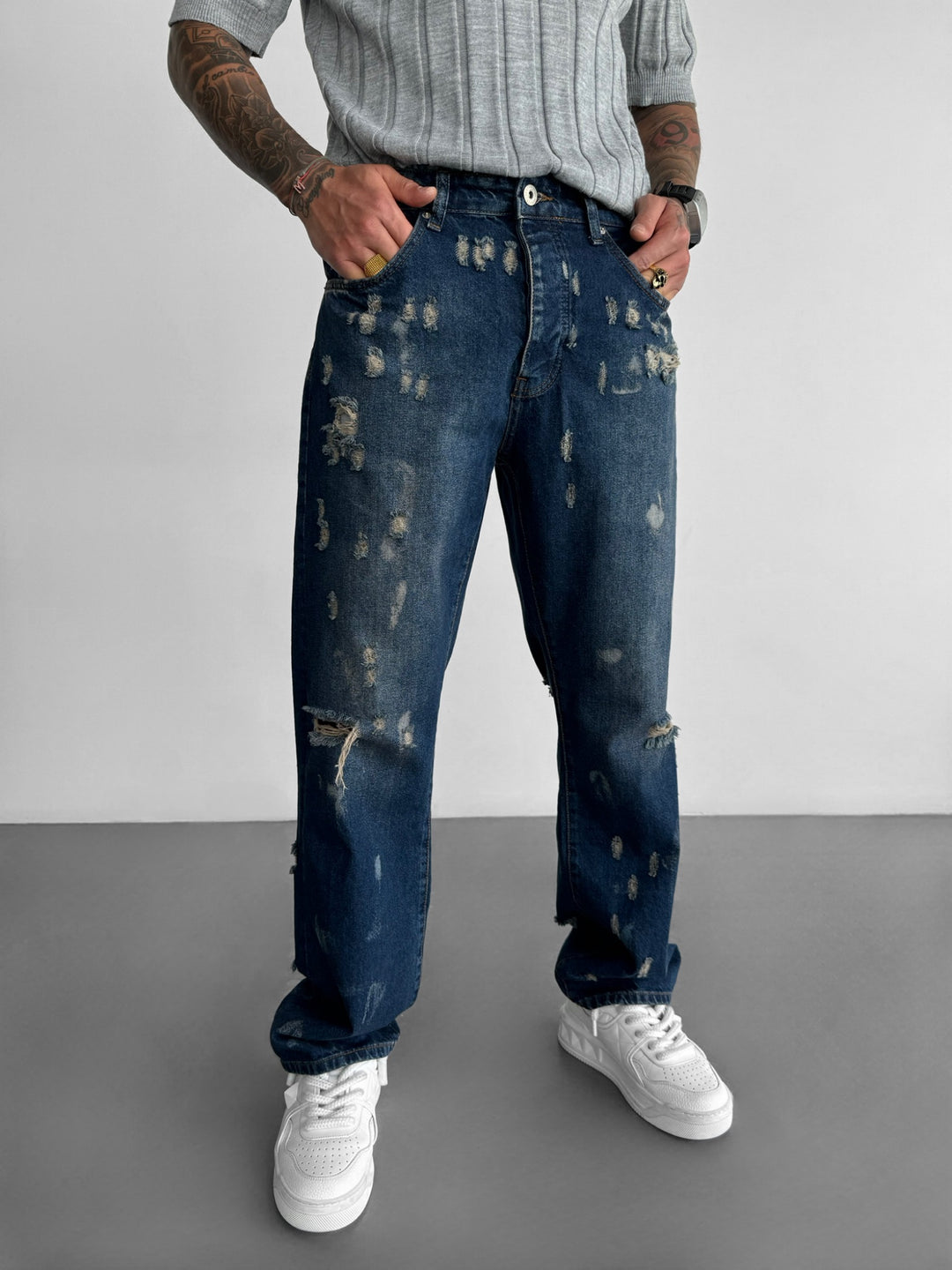 Baggy Brush Torn Jeans - Blue