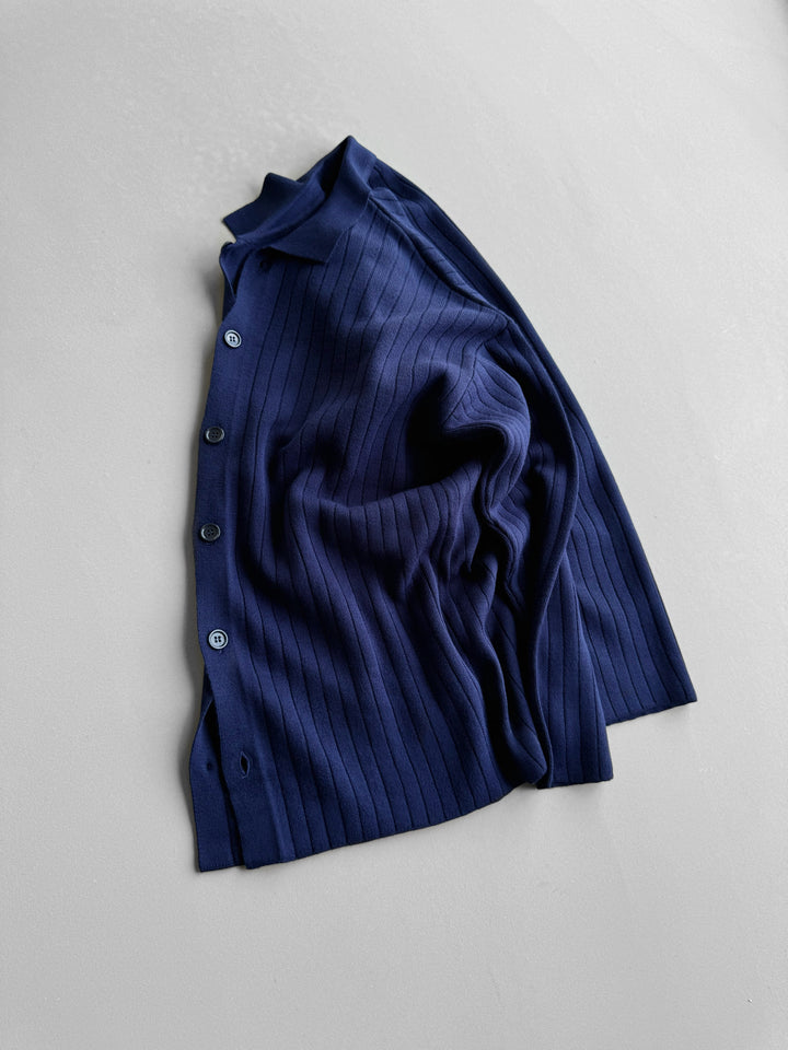 Oversize Wide Ribbed Long Arm Knit Shirt - Navy Blue