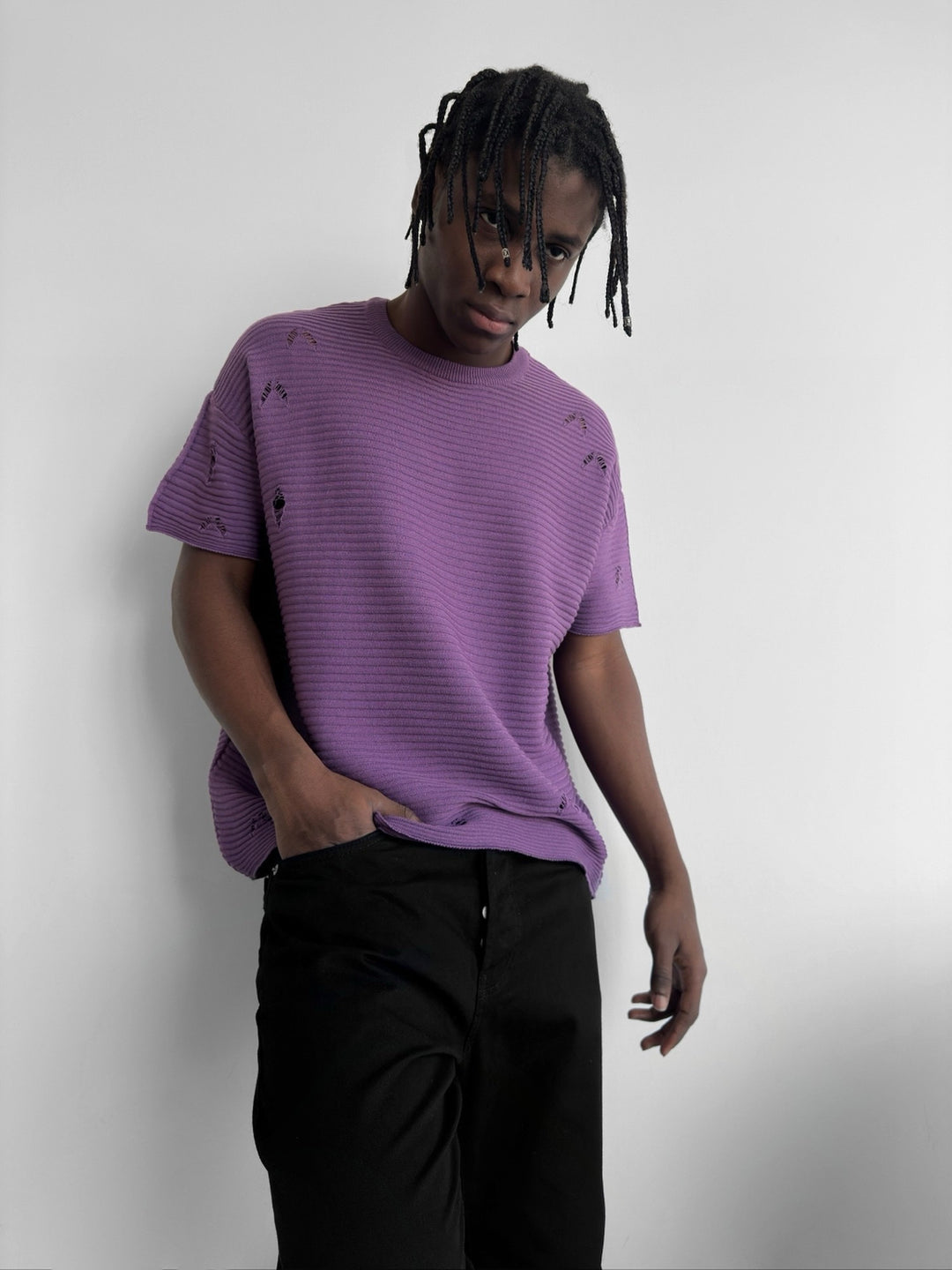 Loose Fit Torn Ribbed Knit T-Shirt - Purple