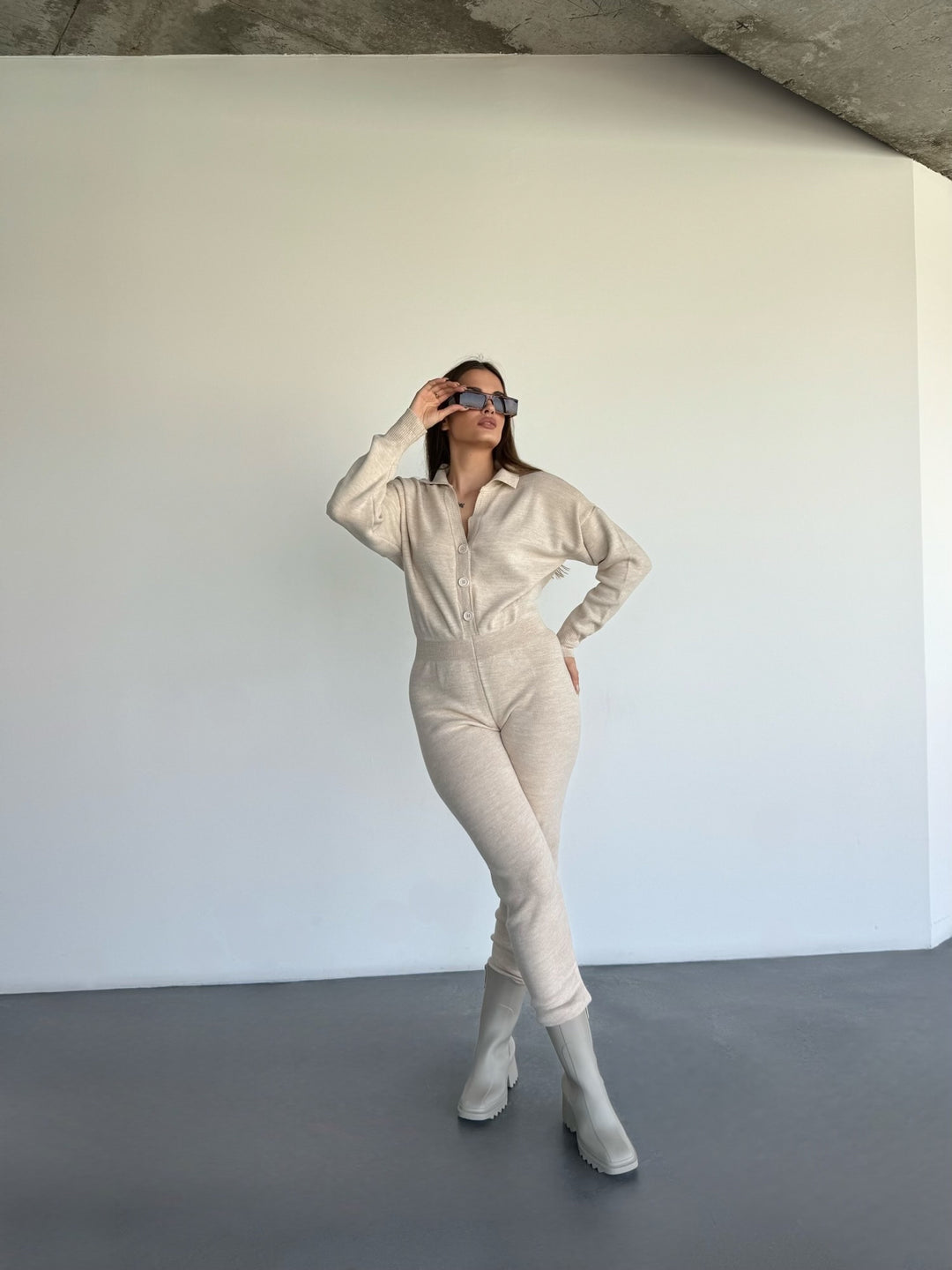 Long Arm Knit Jumpsuit - Beige