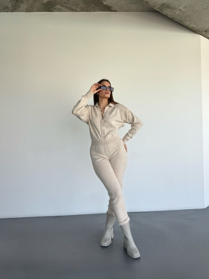 Long Arm Knit Jumpsuit - Beige