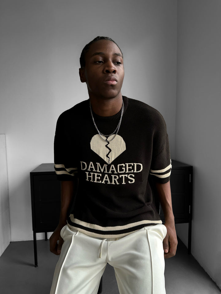 Regular Fit Damaged Hearts Knit T-shirt - Brown
