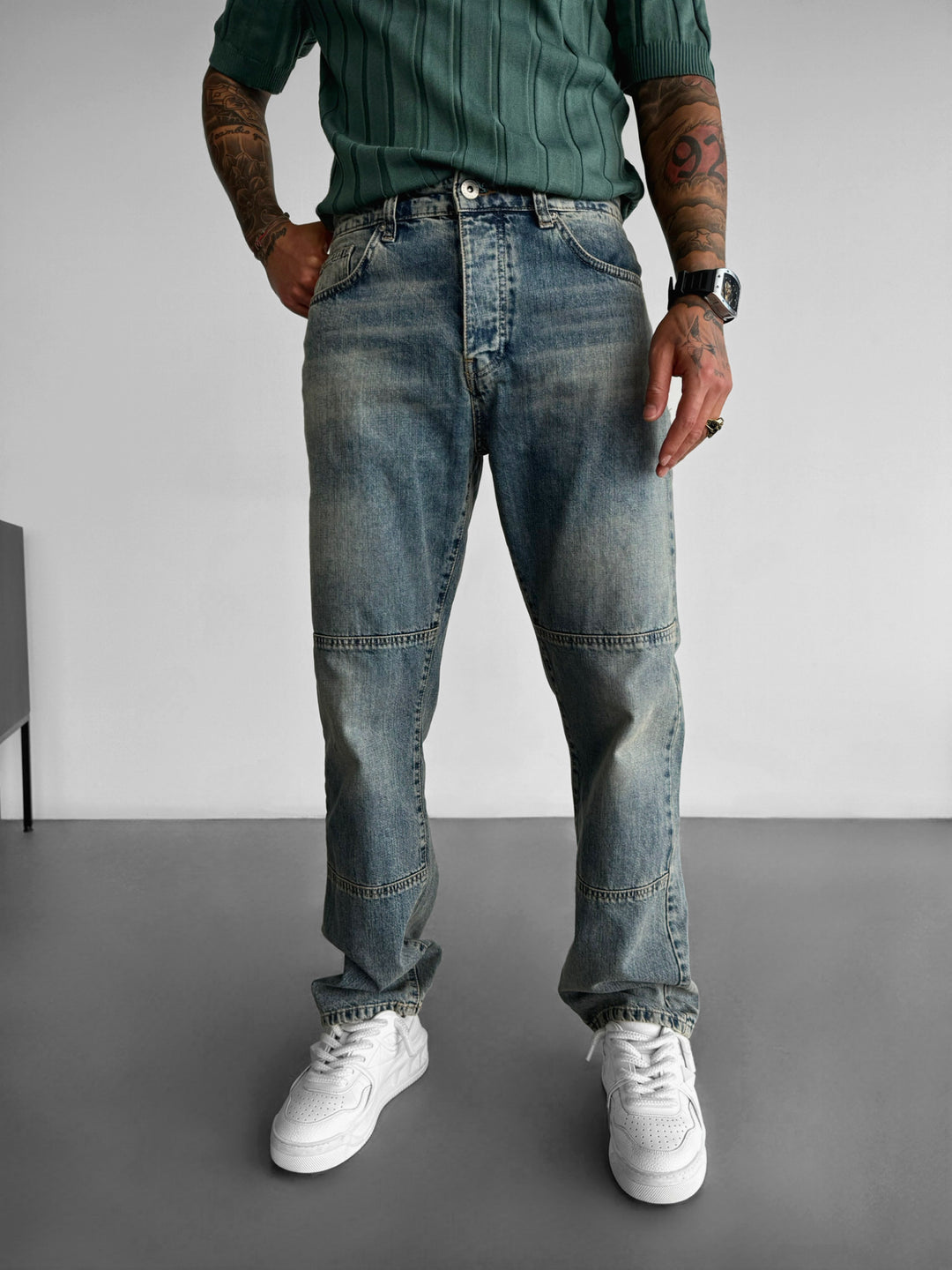 Baggy Washed Jeans with Details - Blue