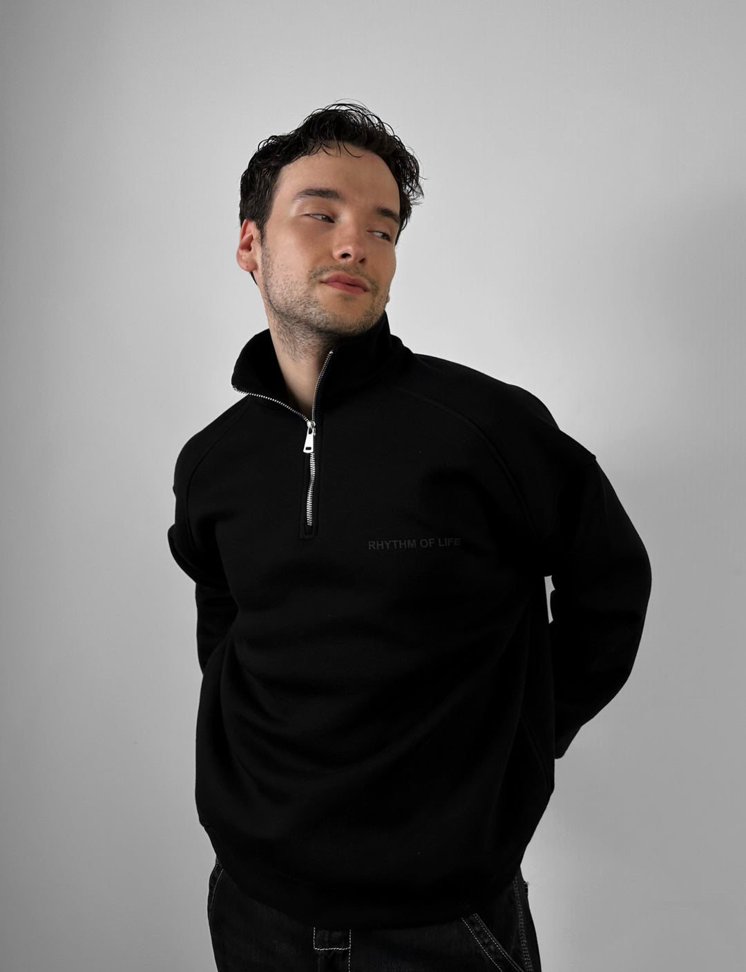 Oversize Half-Zip Motto Sweatshirt - Black
