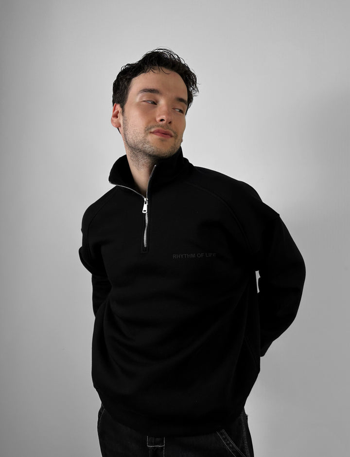 Oversize Half-Zip Motto Sweatshirt - Black